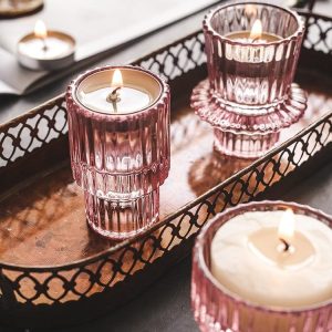 Bougeoir en Verre Rose